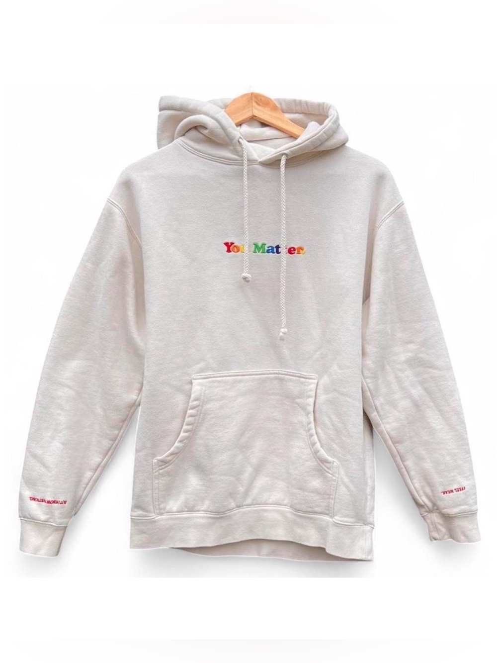 You Matter Unisex Off White Rainbow Embroidered Hoodie Sweatshirt Size S